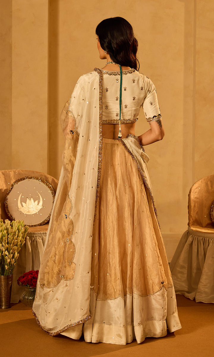 Dilbaro Tissue Ivory and Gold Tissue Lehenga with Blouse and Dupatta (set of 3)