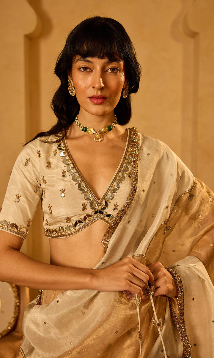 Dilbaro Tissue Ivory and Gold Tissue Lehenga with Blouse and Dupatta (set of 3)