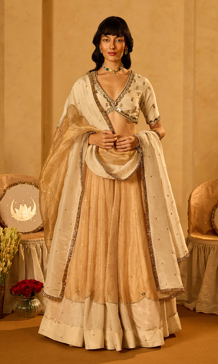 Dilbaro Tissue Ivory and Gold Tissue Lehenga with Blouse and Dupatta (set of 3)