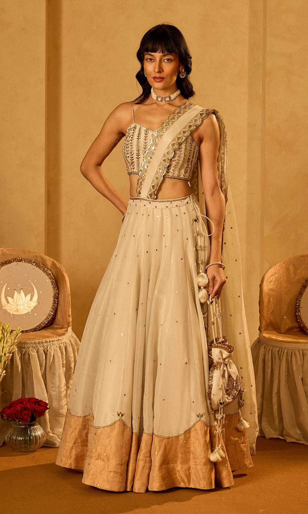 Dilbaro Tissue Gold and Ivory Drape Lehenga Saree with Embroidered Strap Blouse (set of 2)