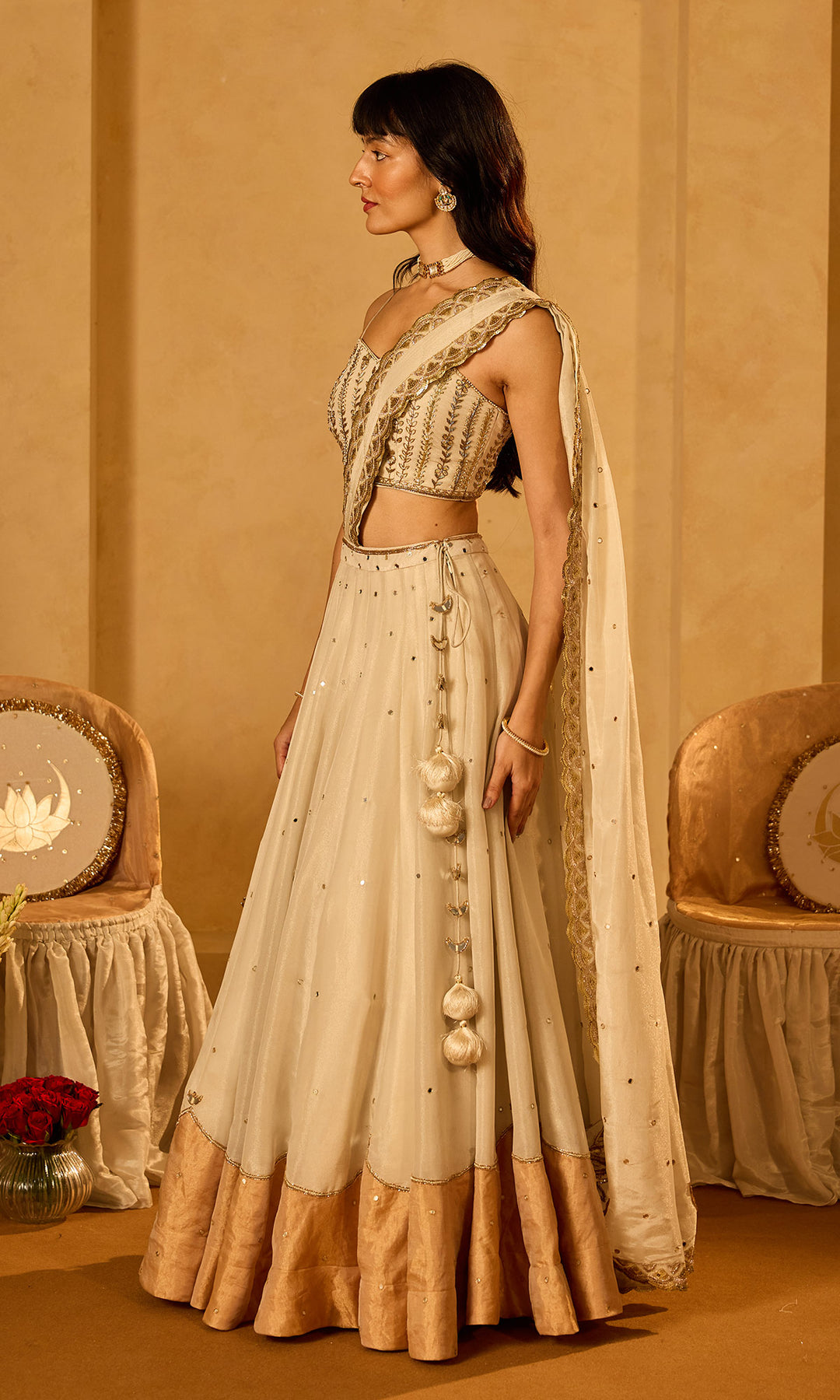 Dilbaro Tissue Gold and Ivory Drape Lehenga Saree with Embroidered Strap Blouse (set of 2)