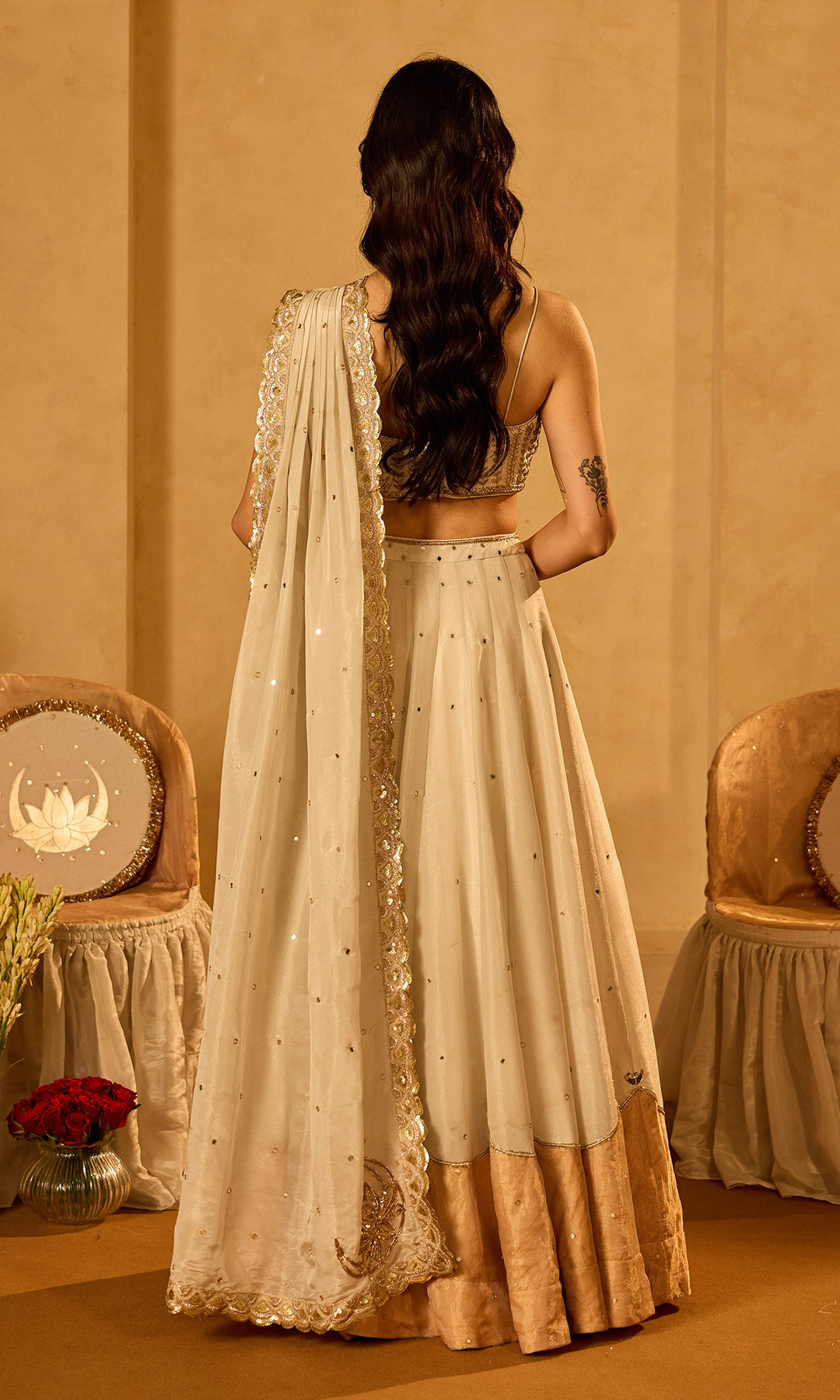 Dilbaro Tissue Gold and Ivory Drape Lehenga Saree with Embroidered Strap Blouse (set of 2)