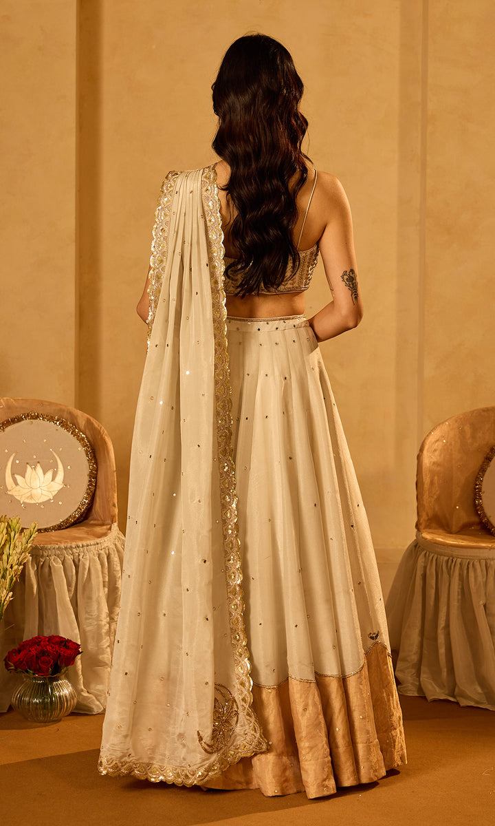 Dilbaro Tissue Gold and Ivory Drape Lehenga Saree with Embroidered Strap Blouse (set of 2)