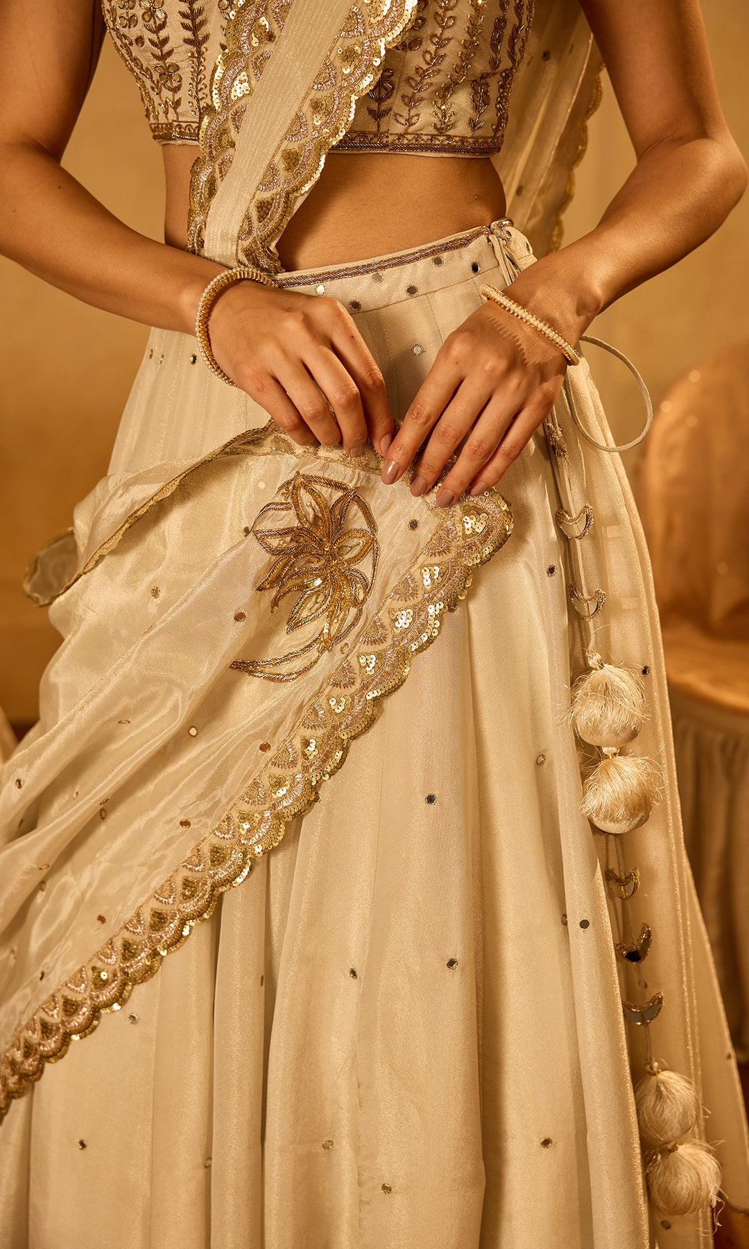 Dilbaro Tissue Gold and Ivory Drape Lehenga Saree with Embroidered Strap Blouse (set of 2)