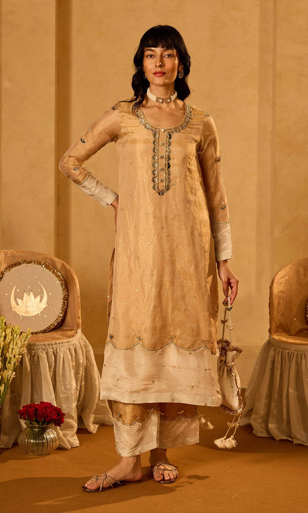 Dilbaro Tissue Gold Tissue Straight Kurta with Palazzo Ivory Dupatta (set of 3)