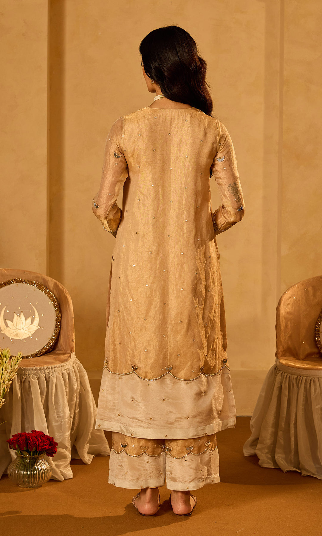 Dilbaro Tissue Gold Tissue Straight Kurta with Palazzo Ivory Dupatta (set of 3)