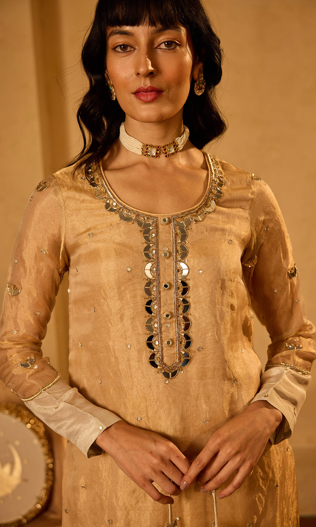 Dilbaro Tissue Gold Tissue Straight Kurta with Palazzo Ivory Dupatta (set of 3)