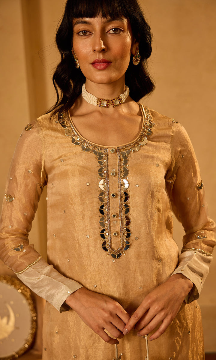 Dilbaro Tissue Gold Tissue Straight Kurta with Palazzo Ivory Dupatta (set of 3)