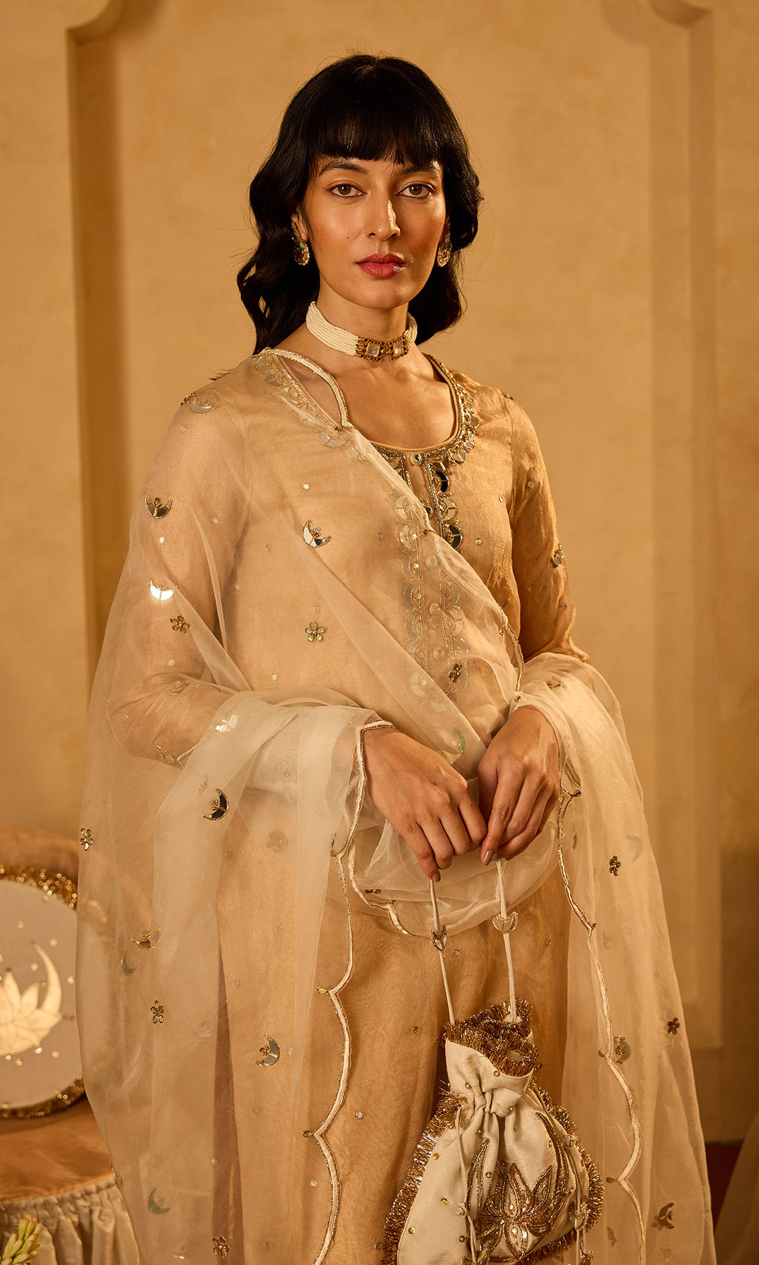 Dilbaro Tissue Gold Tissue Straight Kurta with Palazzo Ivory Dupatta (set of 3)