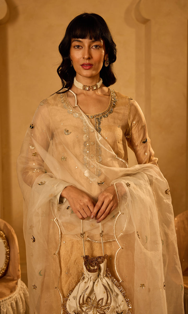 Dilbaro Tissue Gold Tissue Straight Kurta with Palazzo Ivory Dupatta (set of 3)