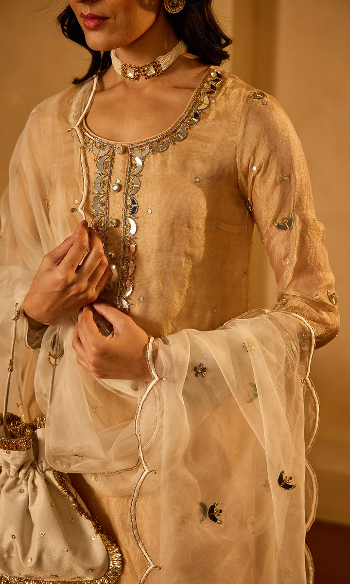 Dilbaro Tissue Gold Tissue Straight Kurta with Palazzo Ivory Dupatta (set of 3)