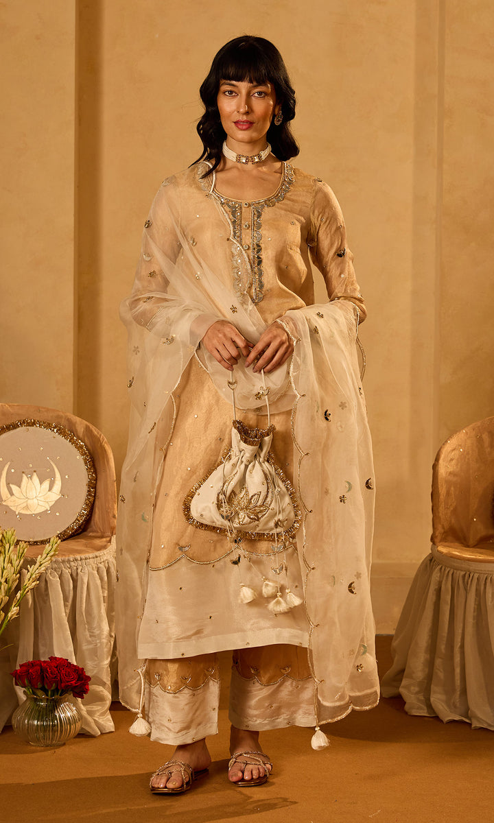 Dilbaro Tissue Gold Tissue Straight Kurta with Palazzo Ivory Dupatta (set of 3)