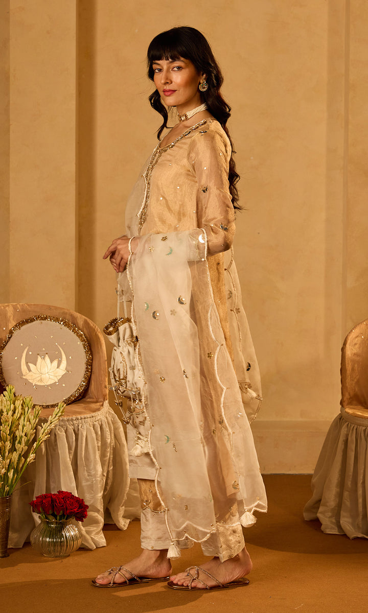 Dilbaro Tissue Gold Tissue Straight Kurta with Palazzo Ivory Dupatta (set of 3)