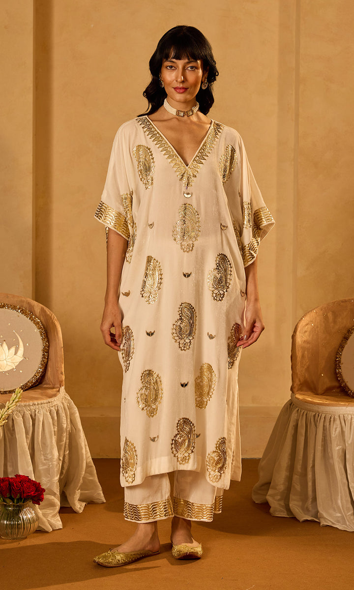 Dilbaro Tissue Ivory Silk Velvet Foil Print Kaftan (Set of 2)