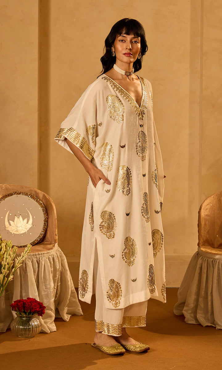Dilbaro Tissue Ivory Silk Velvet Foil Print Kaftan (Set of 2)