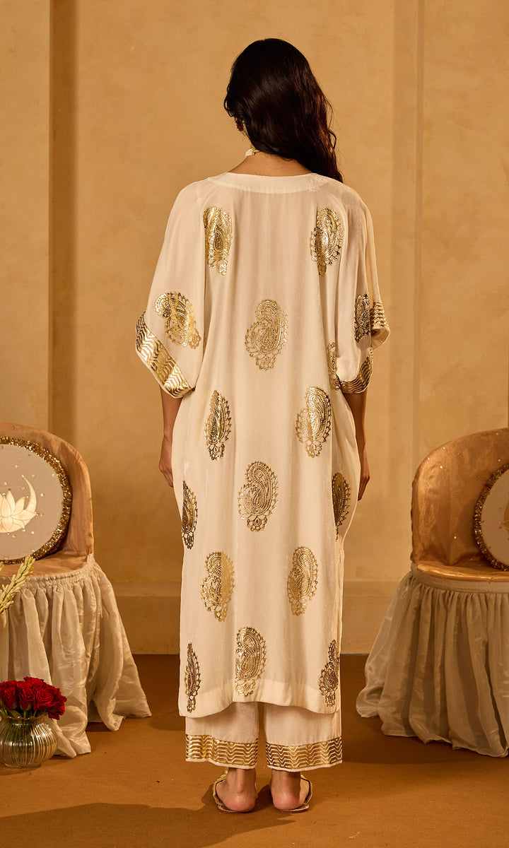 Dilbaro Tissue Ivory Silk Velvet Foil Print Kaftan (Set of 2)