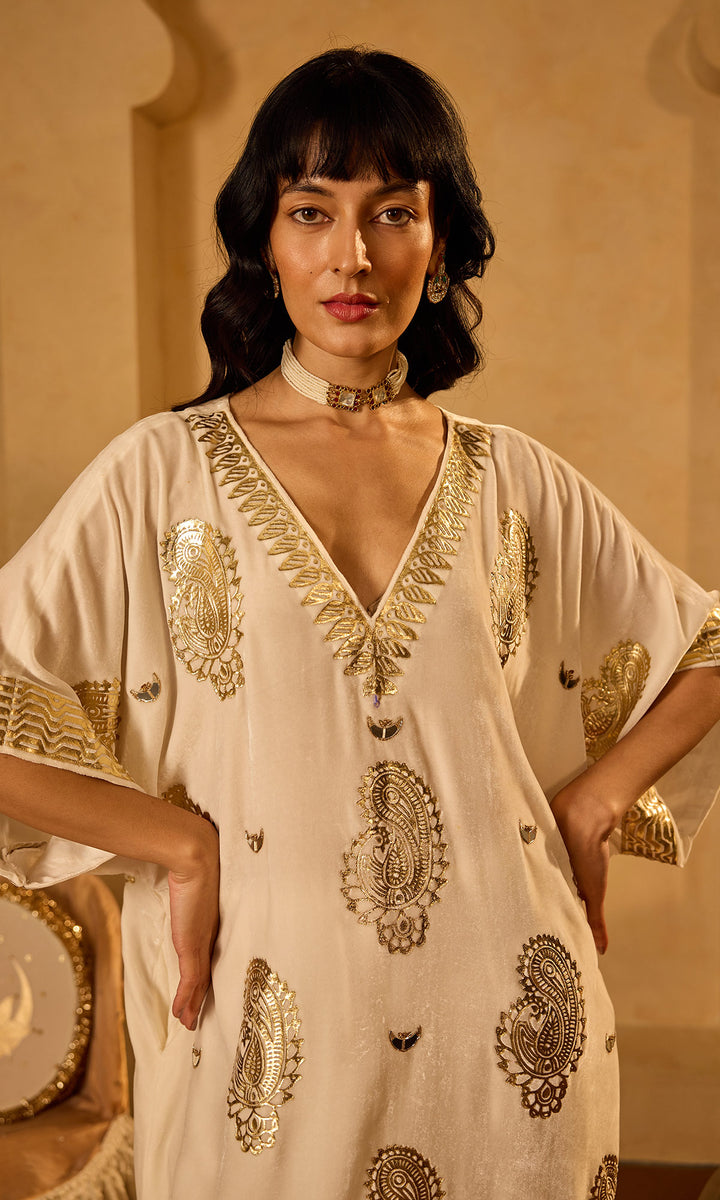 Dilbaro Tissue Ivory Silk Velvet Foil Print Kaftan (Set of 2)