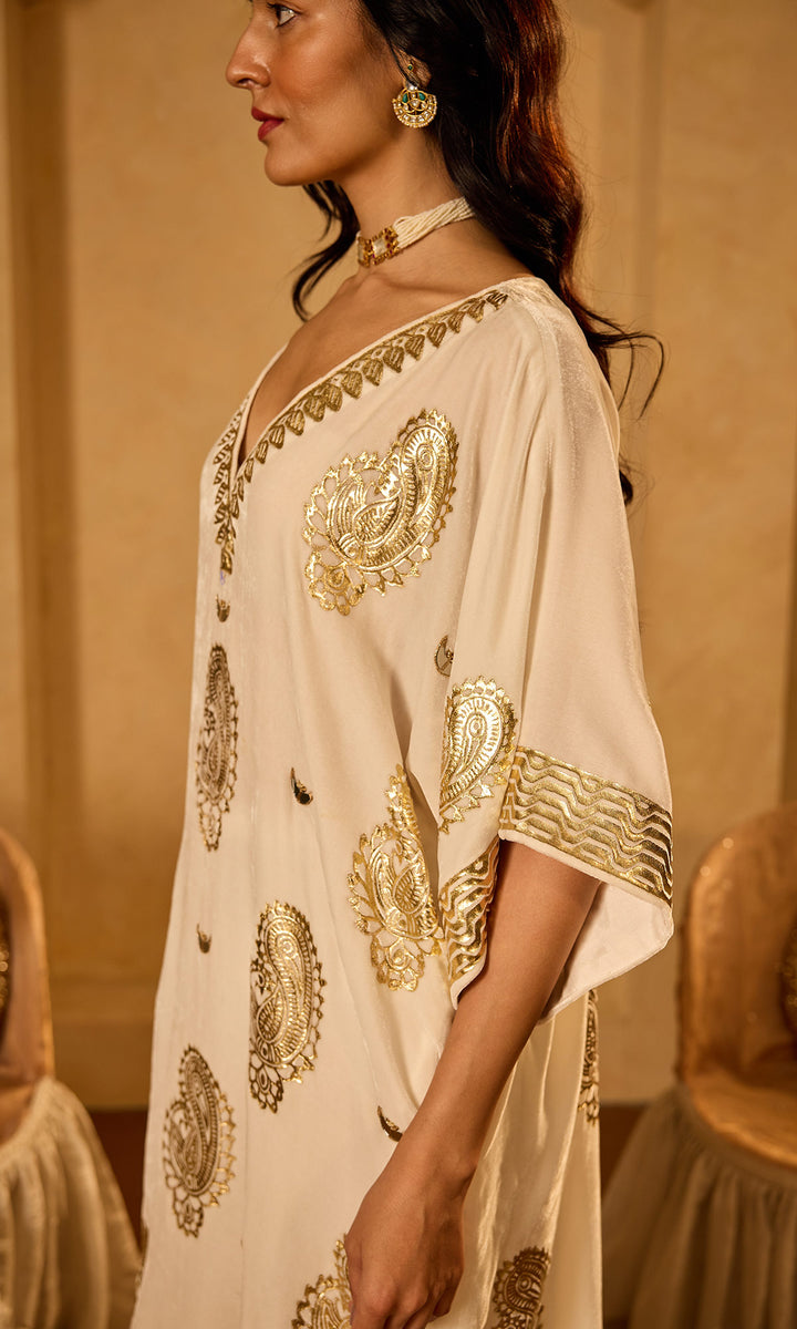 Dilbaro Tissue Ivory Silk Velvet Foil Print Kaftan (Set of 2)