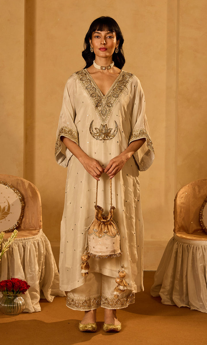 Dilbaro Tissue Ivory Embroidered Kaftan with Palazzo (Set of 2)