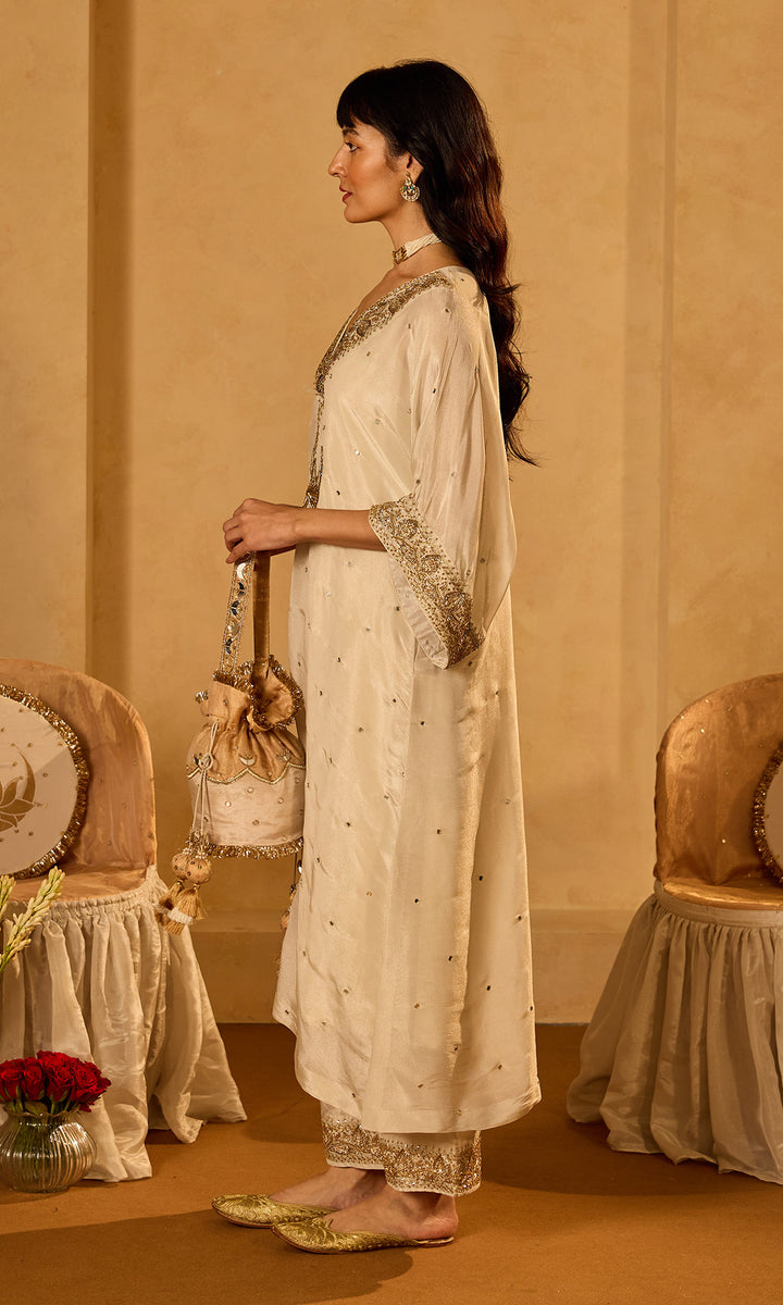 Dilbaro Tissue Ivory Embroidered Kaftan with Palazzo (Set of 2)