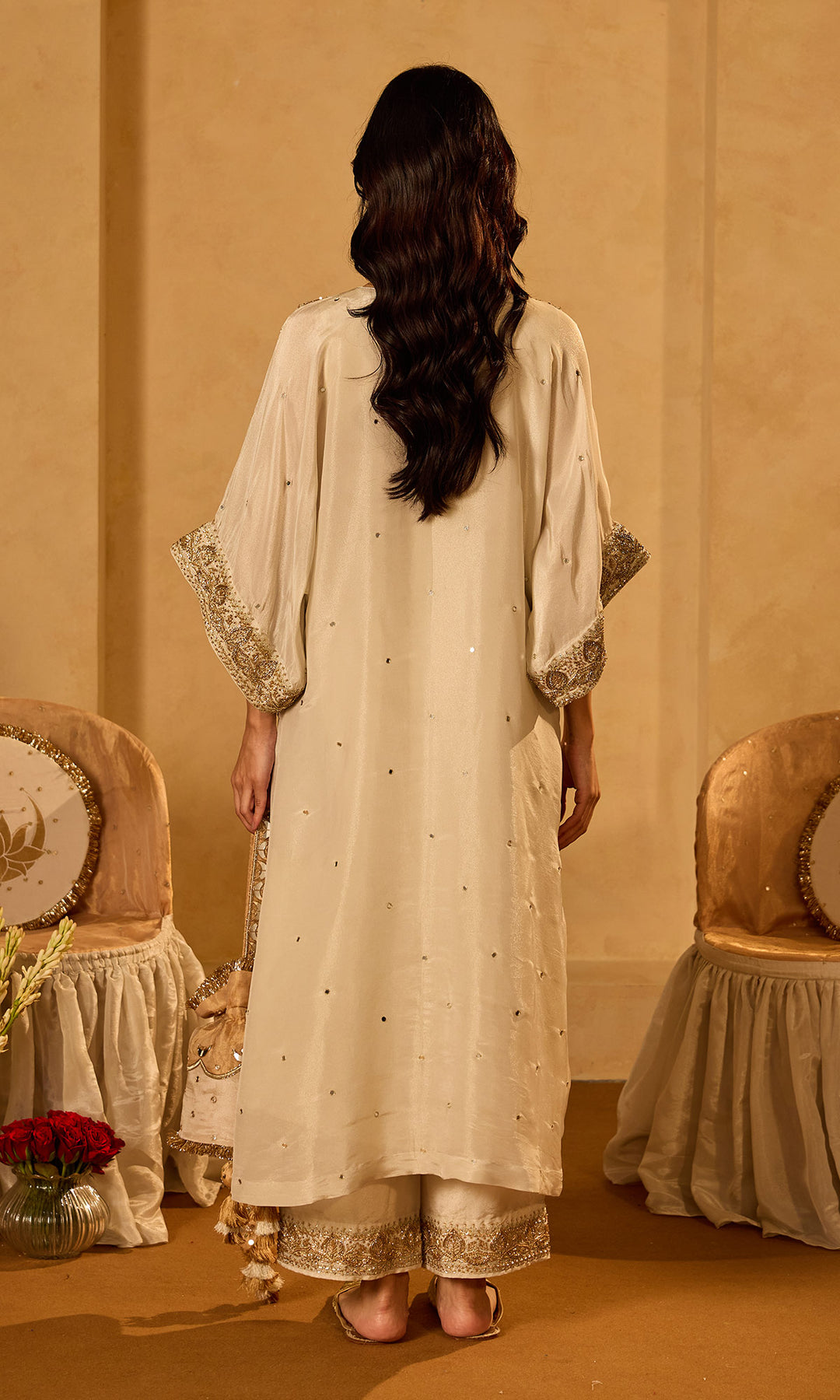 Dilbaro Tissue Ivory Embroidered Kaftan with Palazzo (Set of 2)