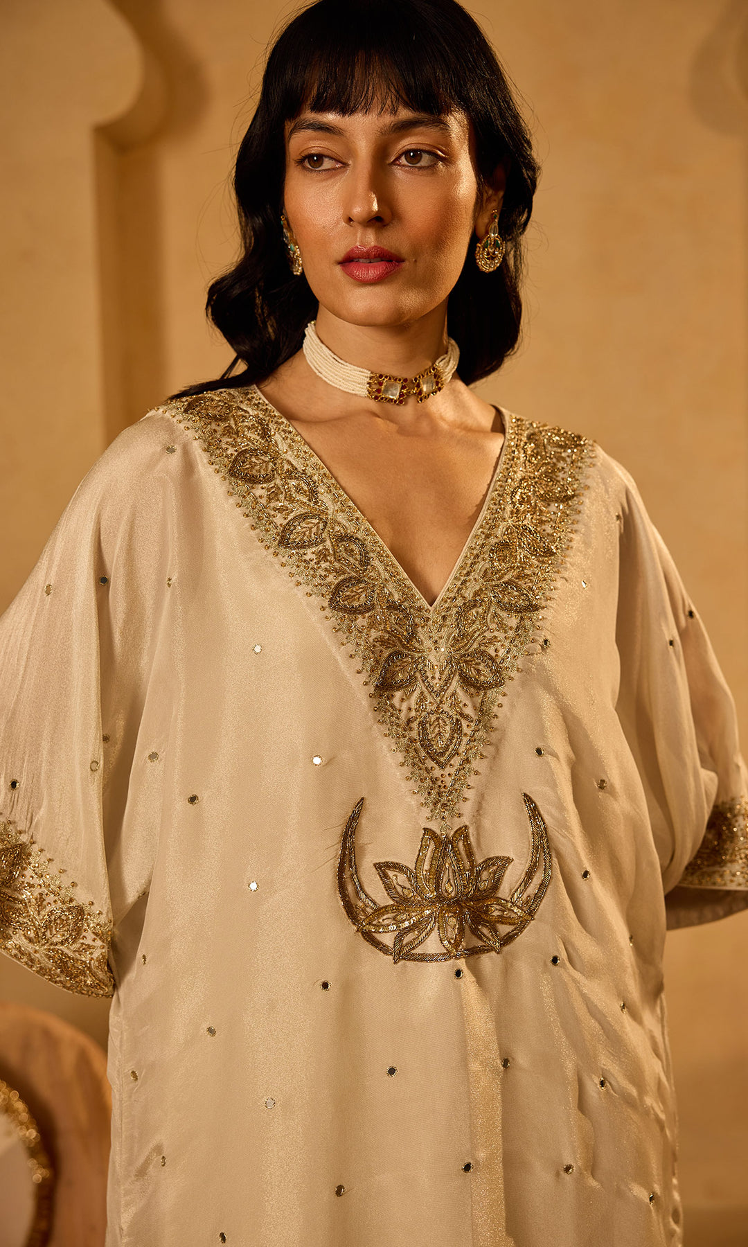 Dilbaro Tissue Ivory Embroidered Kaftan with Palazzo (Set of 2)