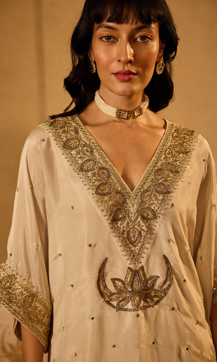 Dilbaro Tissue Ivory Embroidered Kaftan with Palazzo (Set of 2)