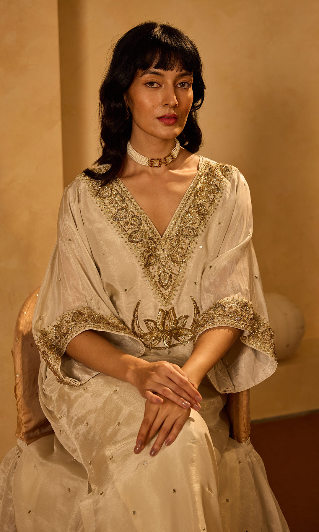 Dilbaro Tissue Ivory Embroidered Kaftan with Palazzo (Set of 2)