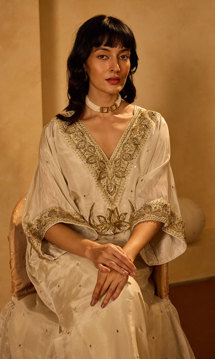 Dilbaro Tissue Ivory Embroidered Kaftan with Palazzo (Set of 2)