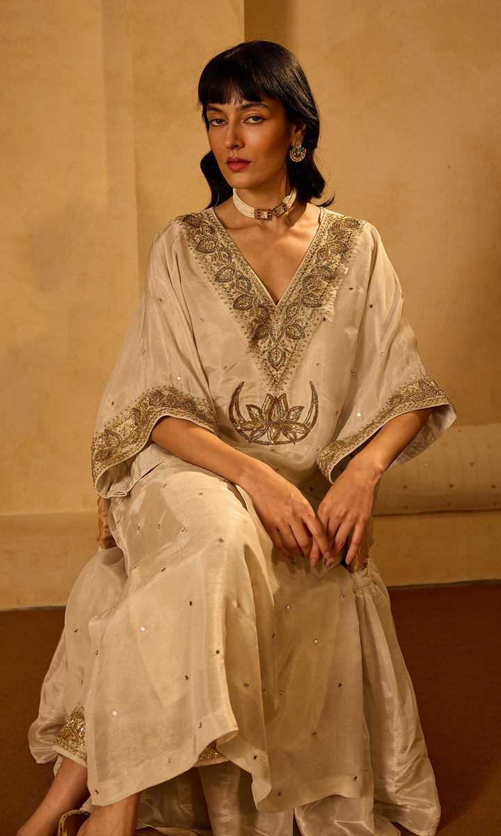 Dilbaro Tissue Ivory Embroidered Kaftan with Palazzo (Set of 2)