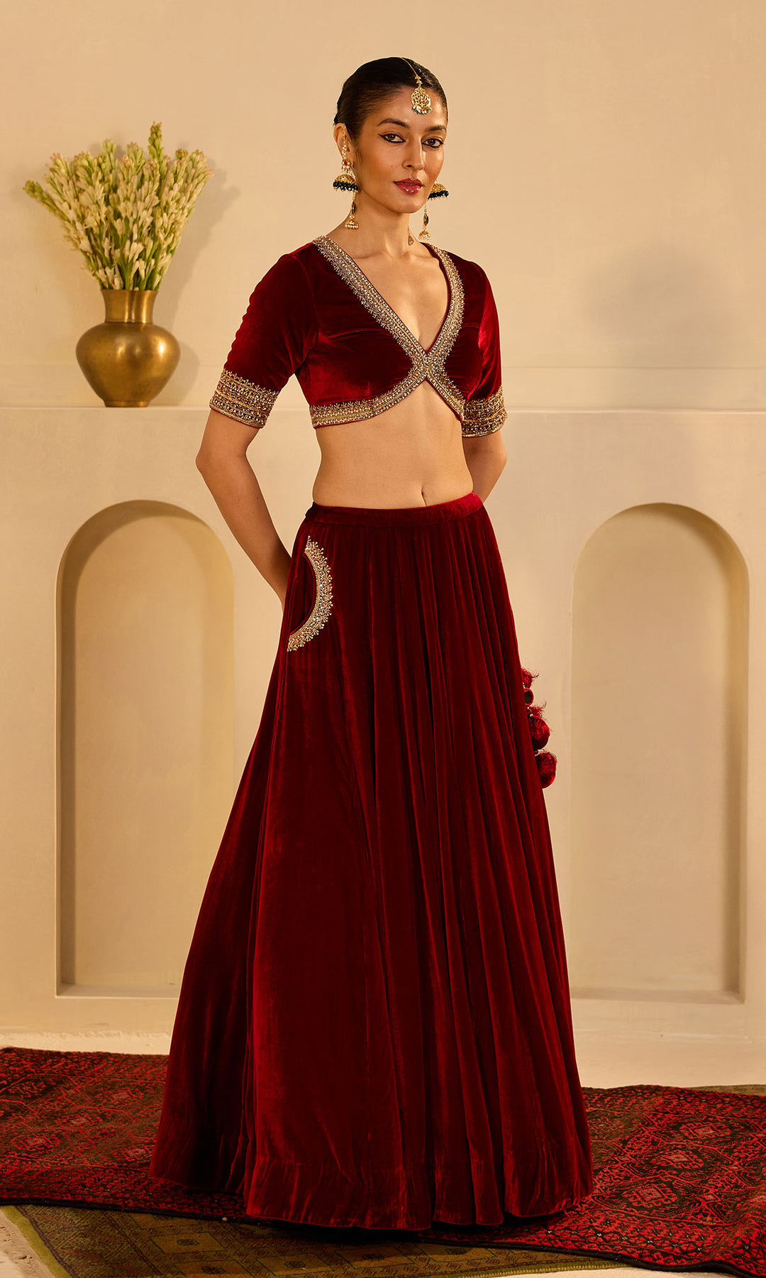 Dilbaro mughals red embroidered lehenga with blouse and shawl (set of 3)