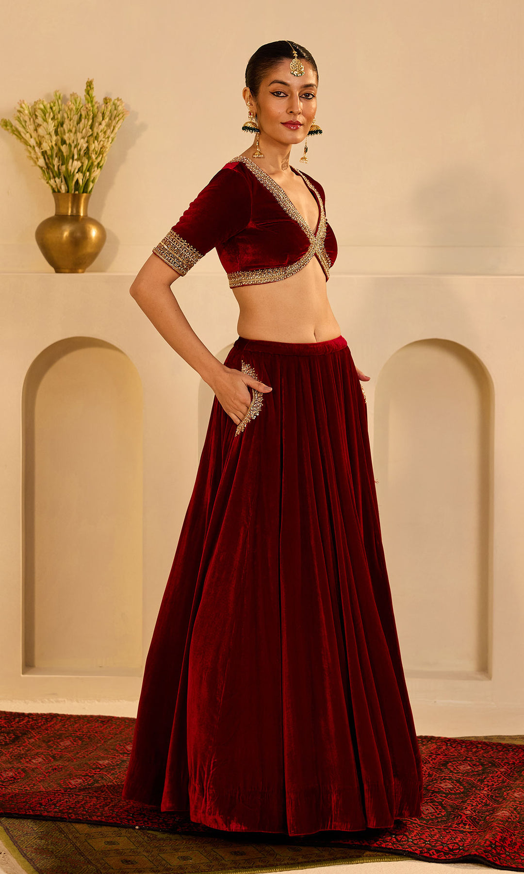 Dilbaro mughals red embroidered lehenga with blouse and shawl (set of 3)