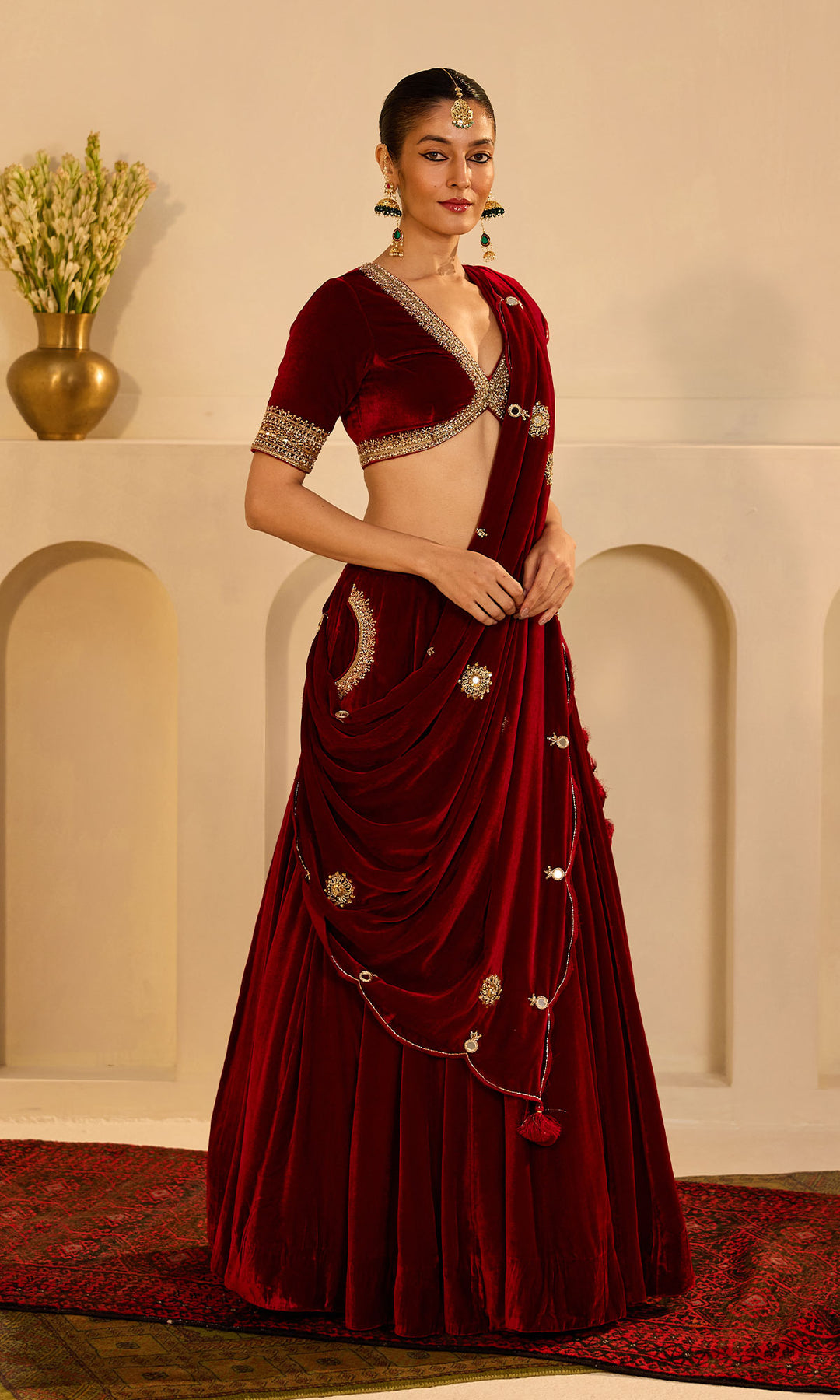 Dilbaro mughals red embroidered lehenga with blouse and shawl (set of 3)