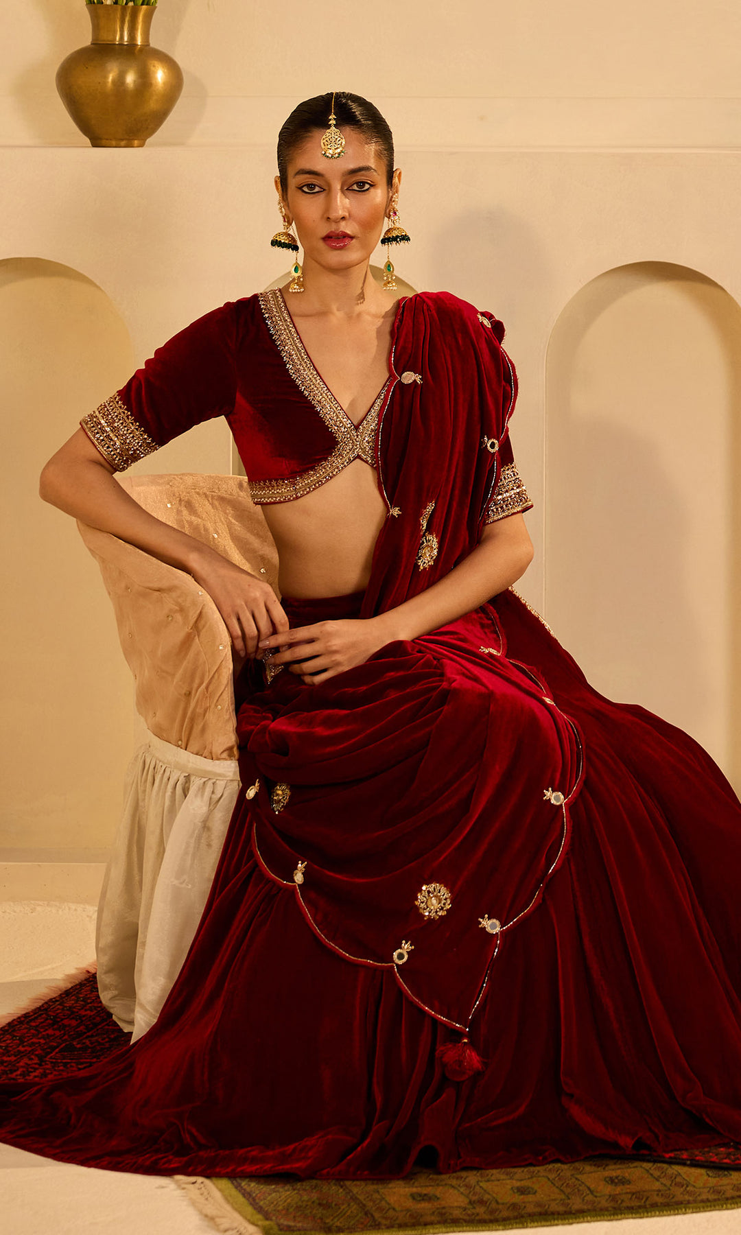 Dilbaro mughals red embroidered lehenga with blouse and shawl (set of 3)