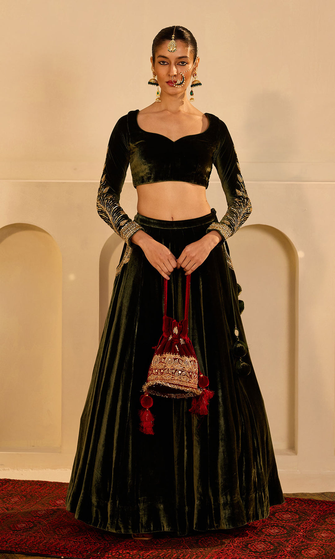 Dilbaro mughals olive green silk velvet embroidered lehenga with blouse and shawl (set of 3)