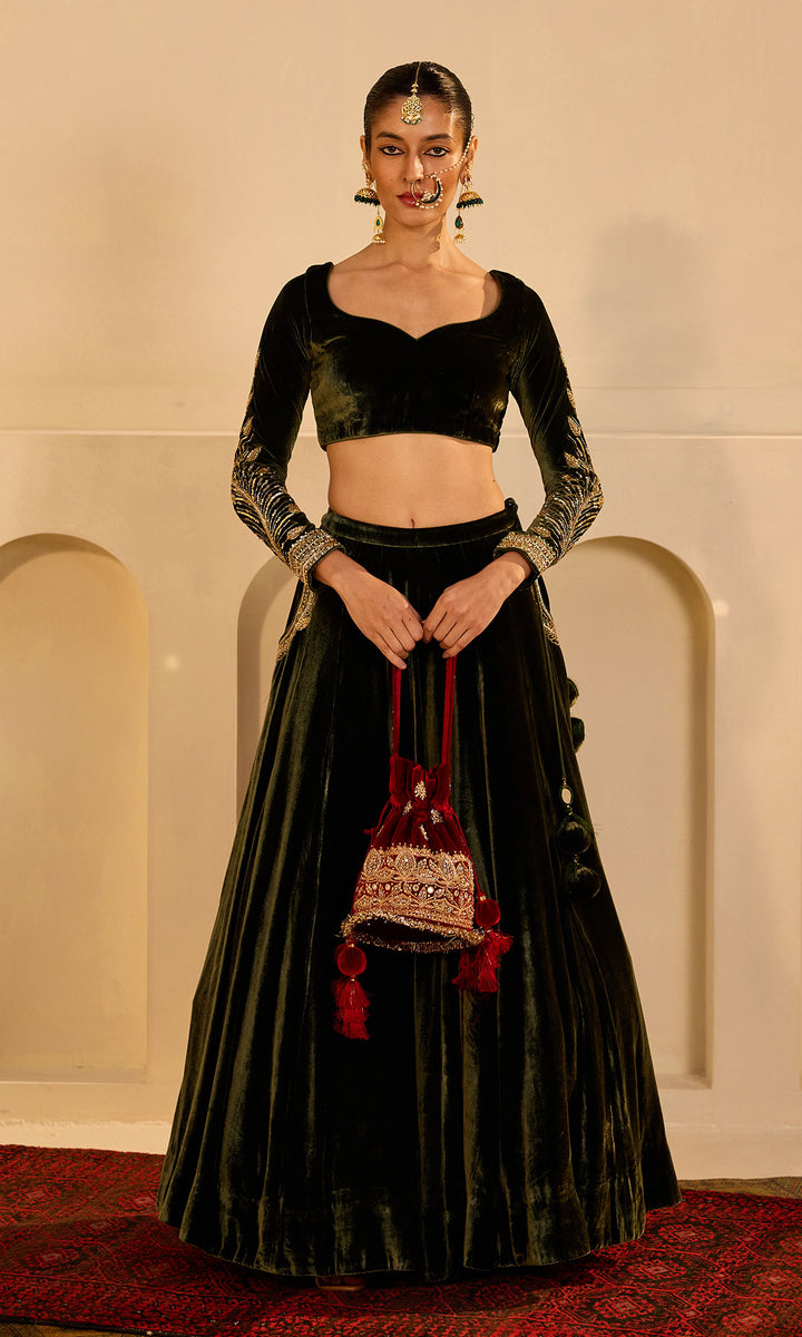 Dilbaro mughals olive green silk velvet embroidered lehenga with blouse and shawl (set of 3)