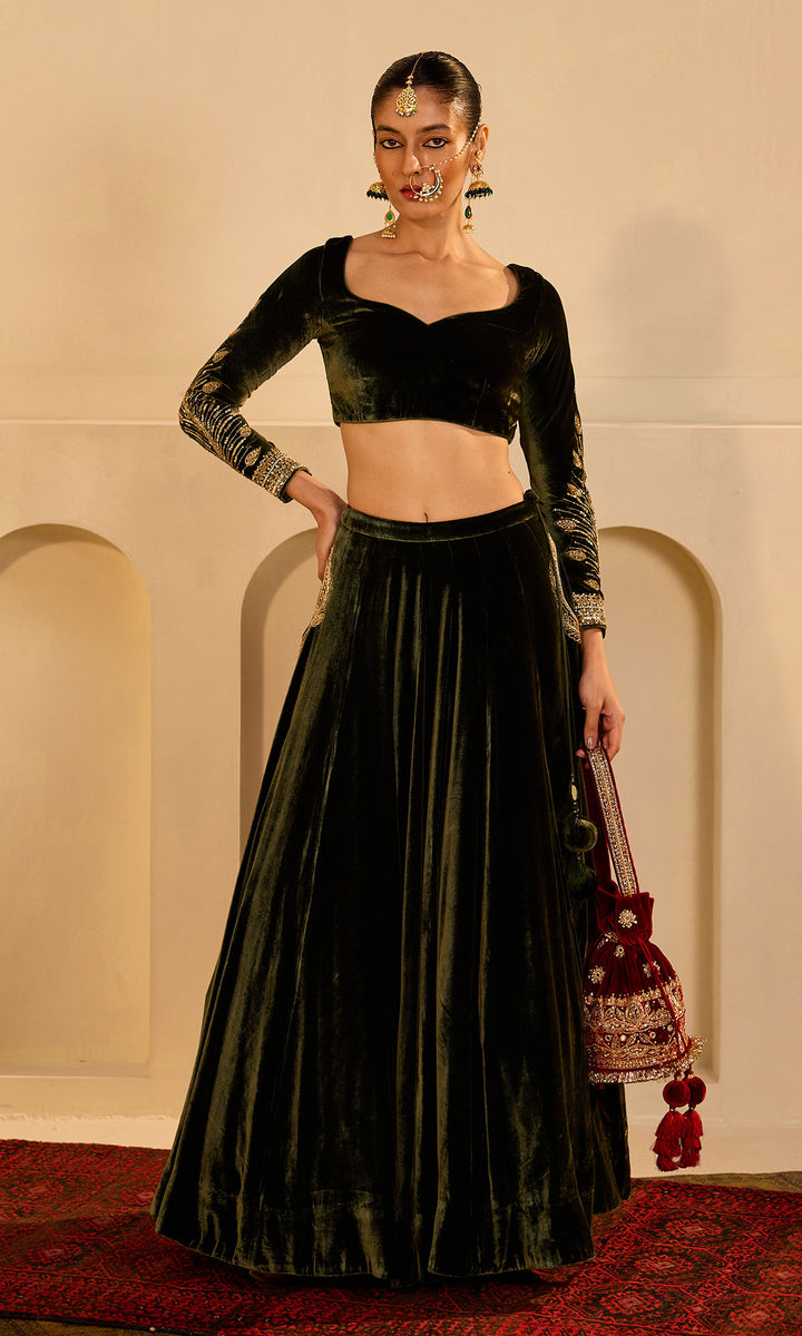 Dilbaro mughals olive green silk velvet embroidered lehenga with blouse and shawl (set of 3)