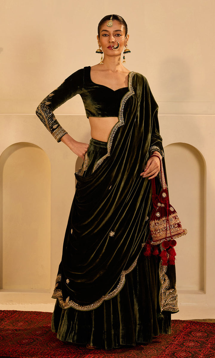 Dilbaro Mughals Olive Green Hand Embroidered Shawl