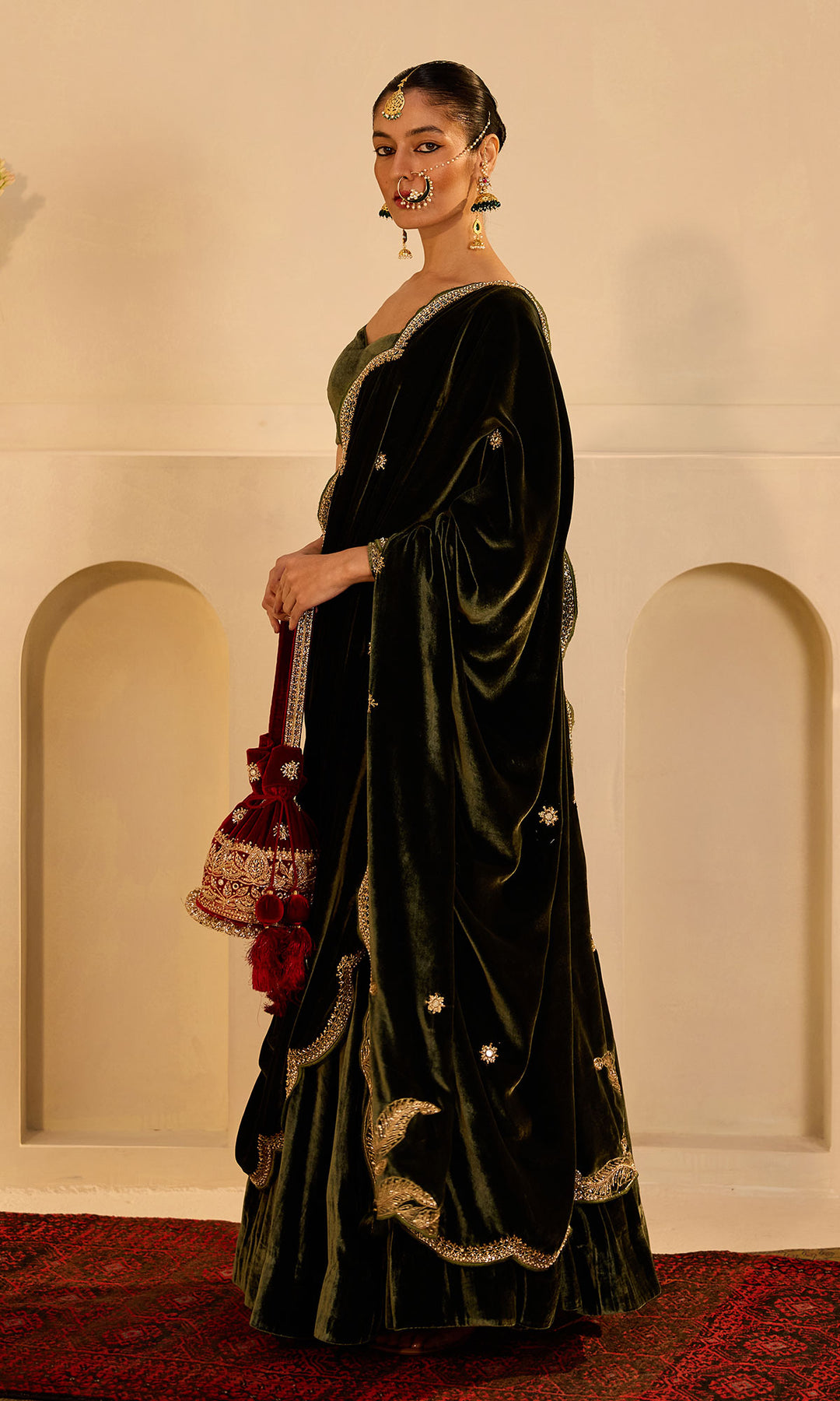 Dilbaro mughals olive green silk velvet embroidered lehenga with blouse and shawl (set of 3)