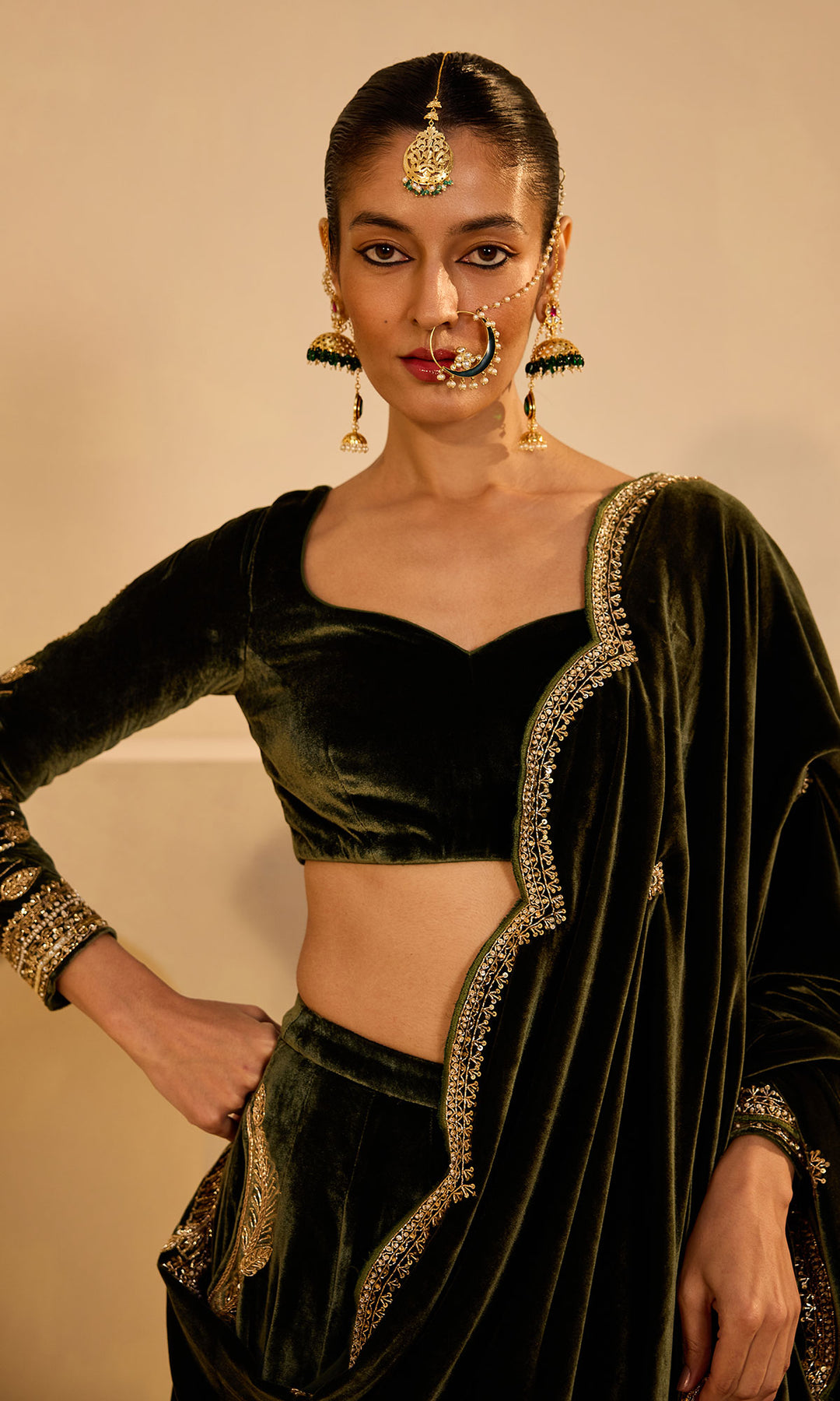 Dilbaro mughals olive green silk velvet embroidered lehenga with blouse and shawl (set of 3)