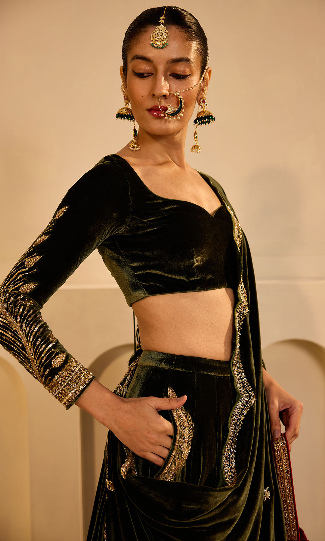 Dilbaro mughals olive green silk velvet embroidered lehenga with blouse and shawl (set of 3)