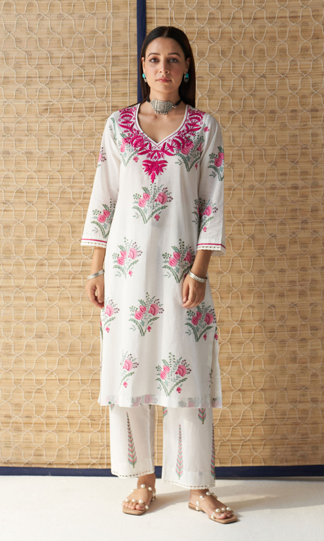 Kapaas rani pink chikankari block printed kurta with palazzo and dupatta (set of 3)