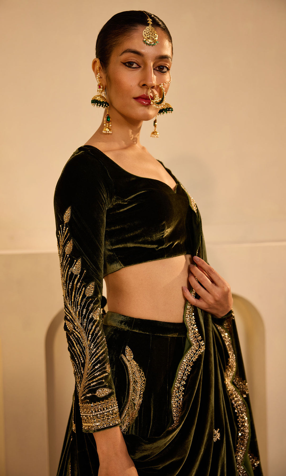 Dilbaro mughals olive green silk velvet embroidered lehenga with blouse and shawl (set of 3)