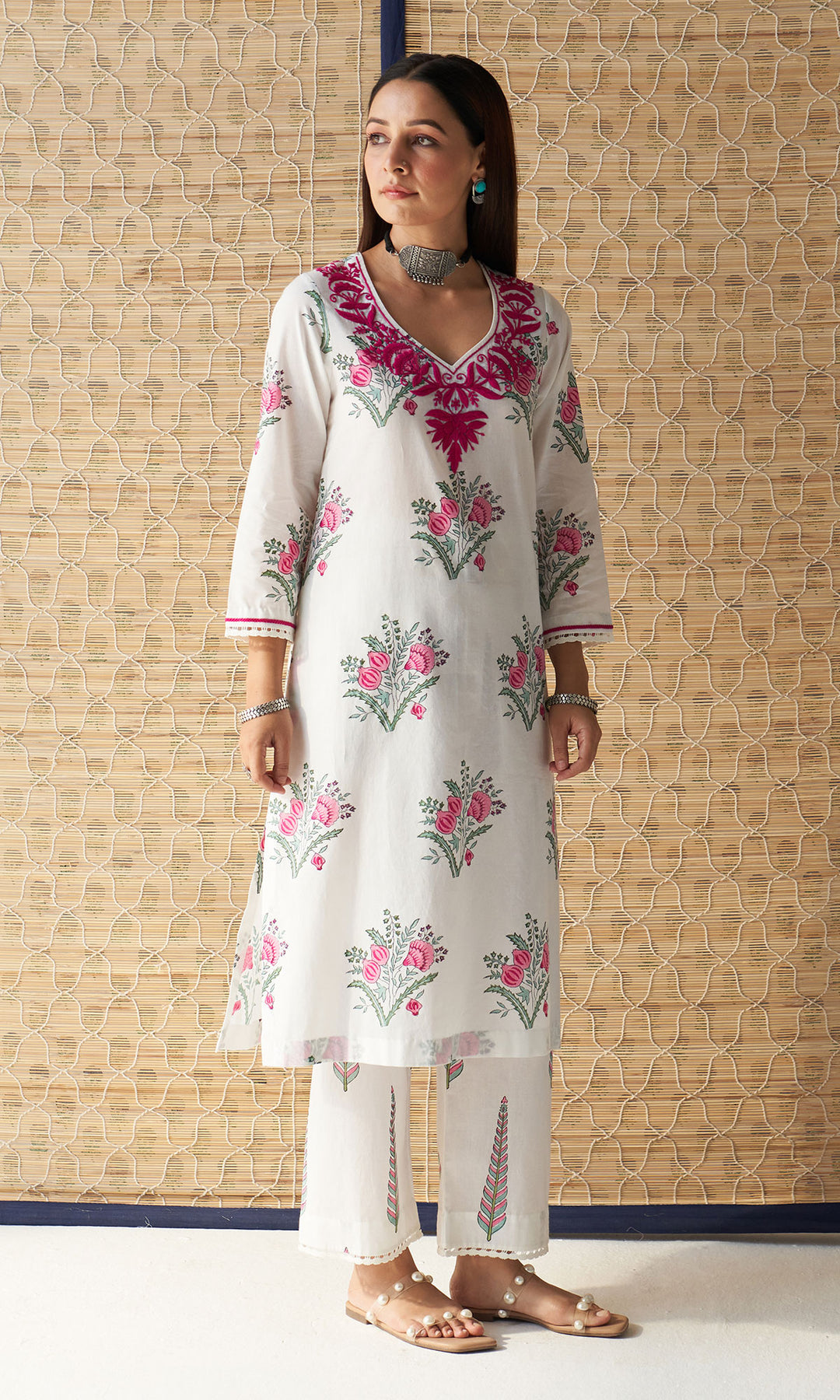 Kapaas rani pink chikankari block printed kurta with palazzo and dupatta (set of 3)