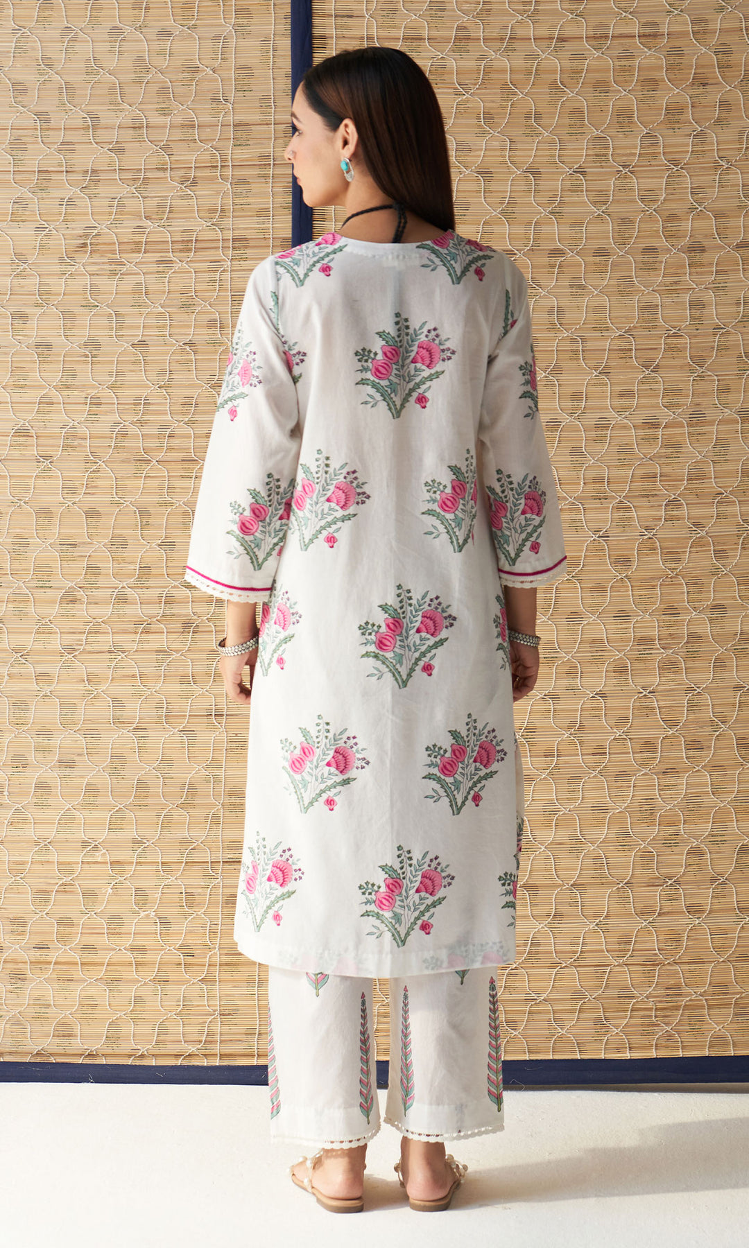 Kapaas rani pink chikankari block printed kurta with palazzo and dupatta (set of 3)