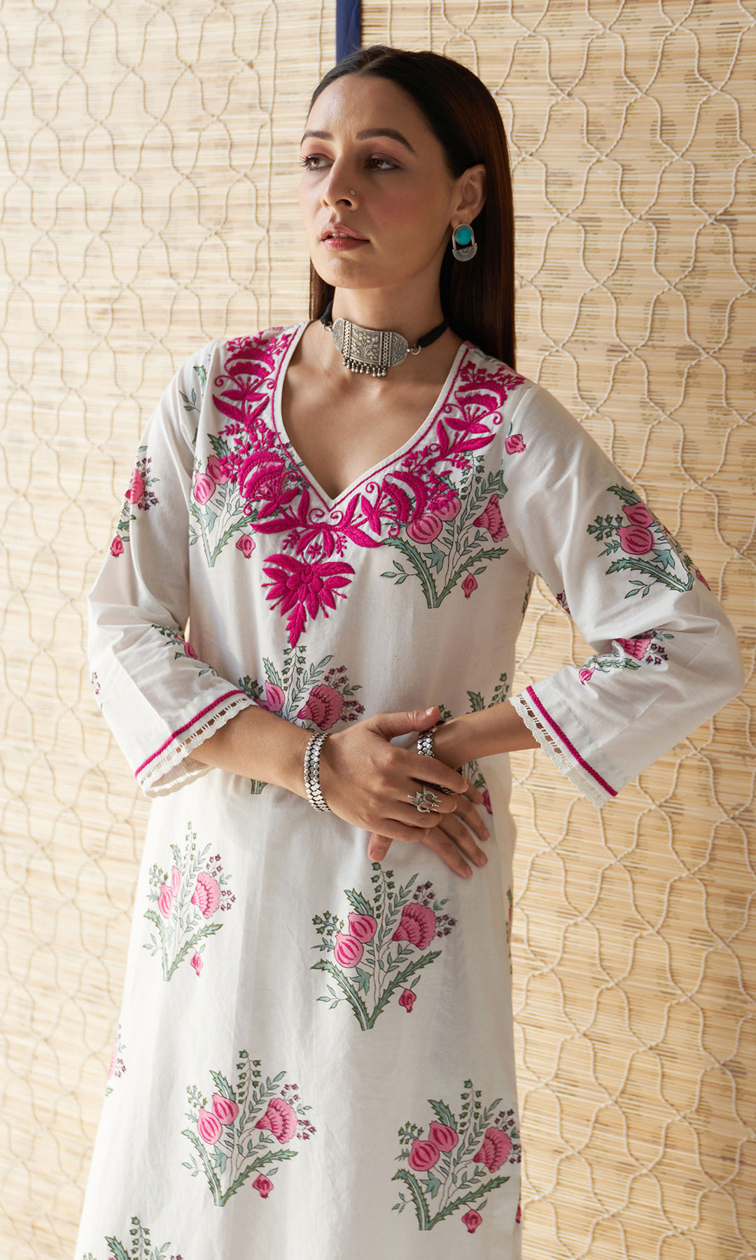 Kapaas rani pink chikankari block printed kurta with palazzo and dupatta (set of 3)