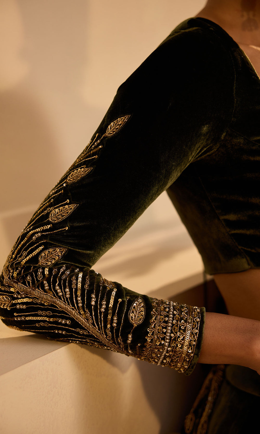 Dilbaro mughals olive green silk velvet embroidered lehenga with blouse and shawl (set of 3)