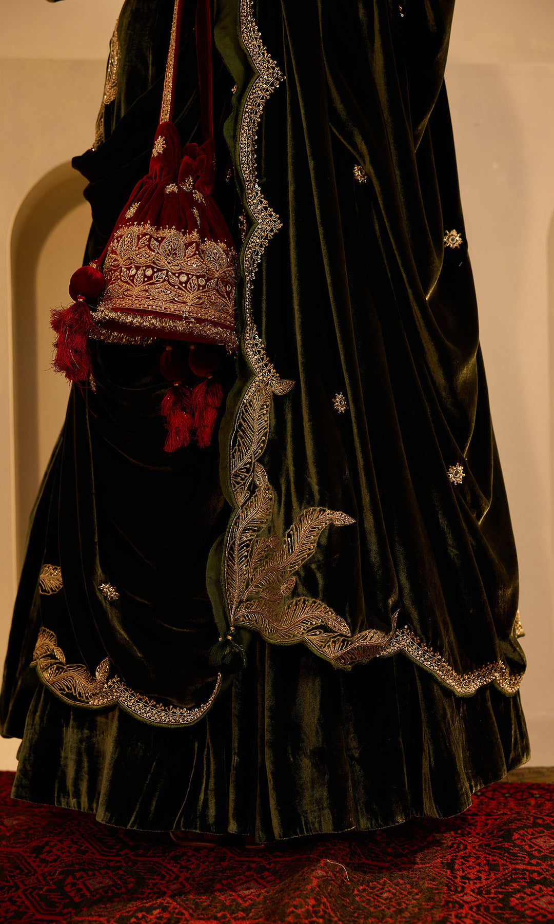 Dilbaro mughals olive green silk velvet embroidered lehenga with blouse and shawl (set of 3)