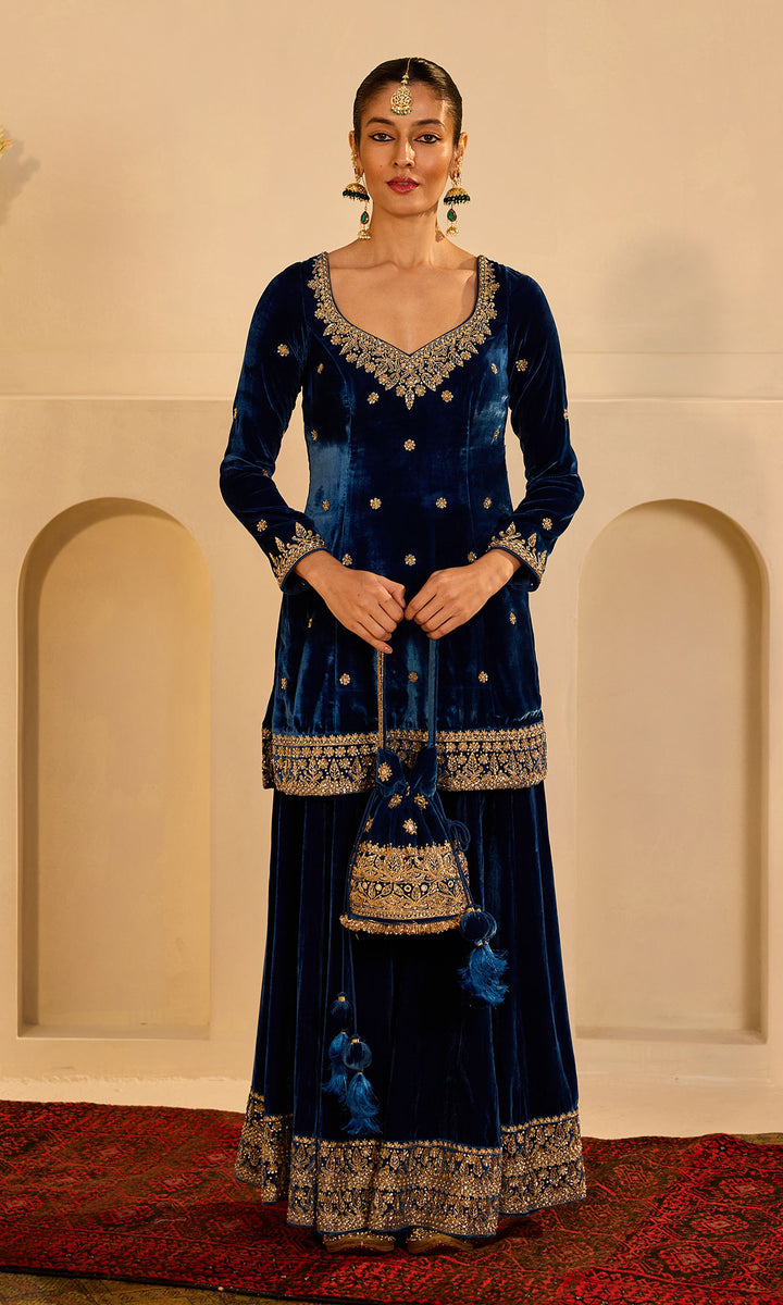 Dilbaro mughals sapphire blue embroidered sharara set with shawl (set of 3)