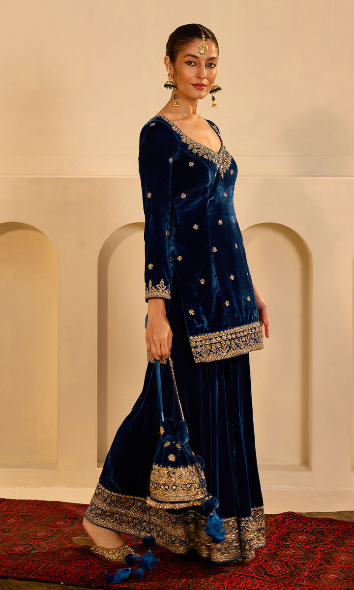 dilbaro mughals sapphire blue embroidered sharara set with dupatta (set of 3)